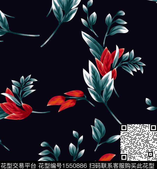1.jpg - 1550886 - 花卉 黑底花卉 手绘花卉 - 数码印花花型 － 女装花型设计 － 瓦栏