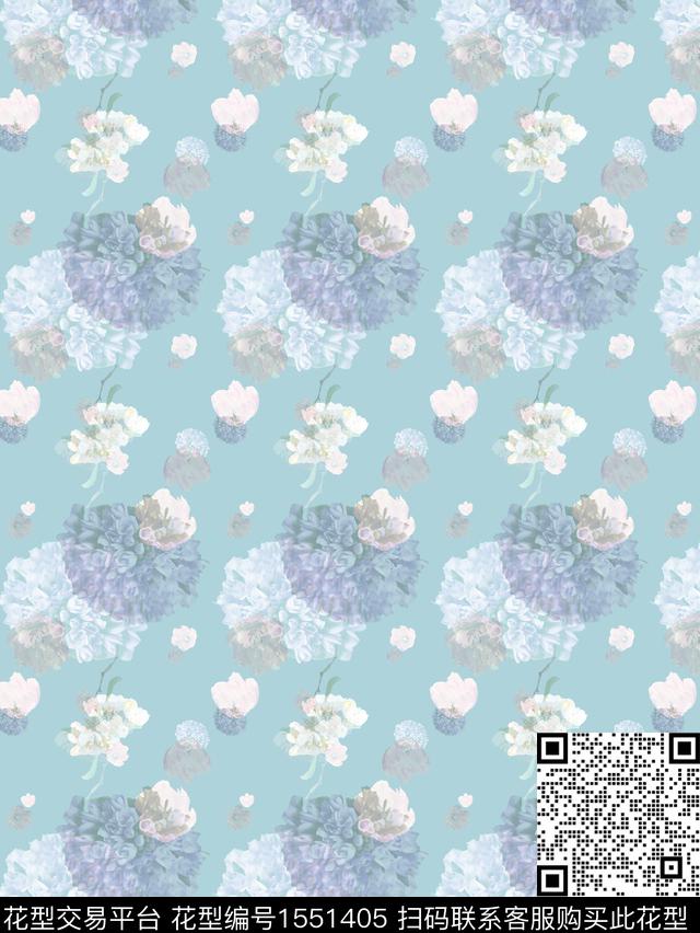 蓝色1.jpg - 1551405 - 连续 花卉 朦胧花卉 - 数码印花花型 － 女装花型设计 － 瓦栏