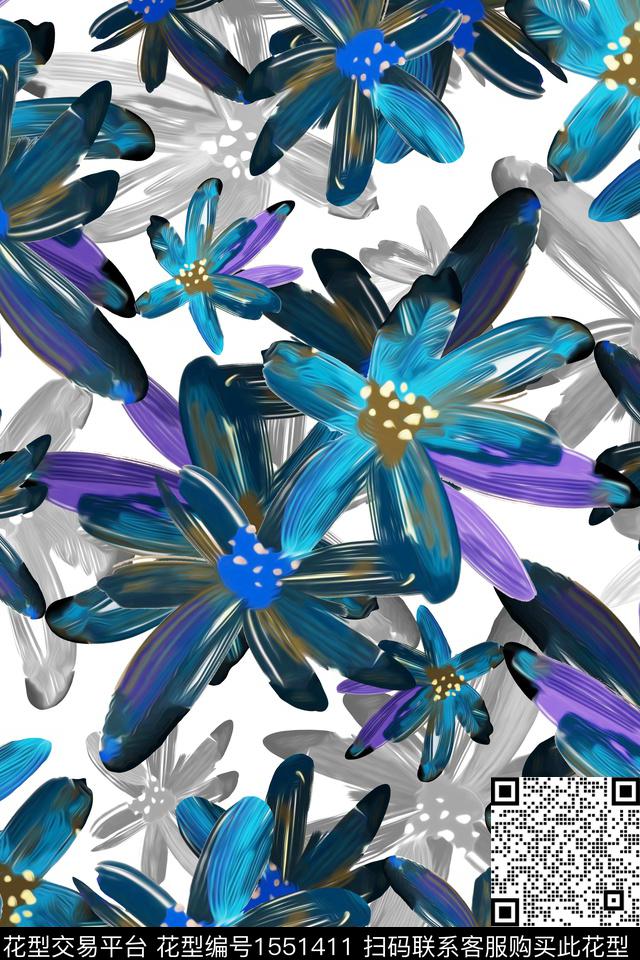 花卉抽象花卉笔触数码印花花型下载（图片编号: 1551411） - 瓦栏（Walan）