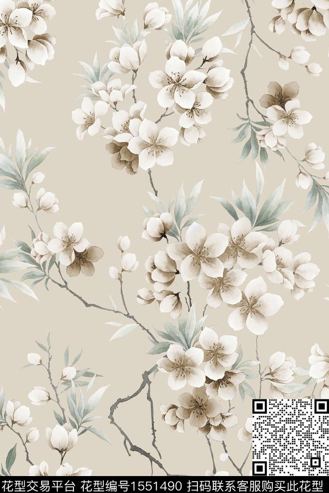 花卉枝条女装数码印花花型下载（图片编号: 1551490） - 瓦栏（Walan）