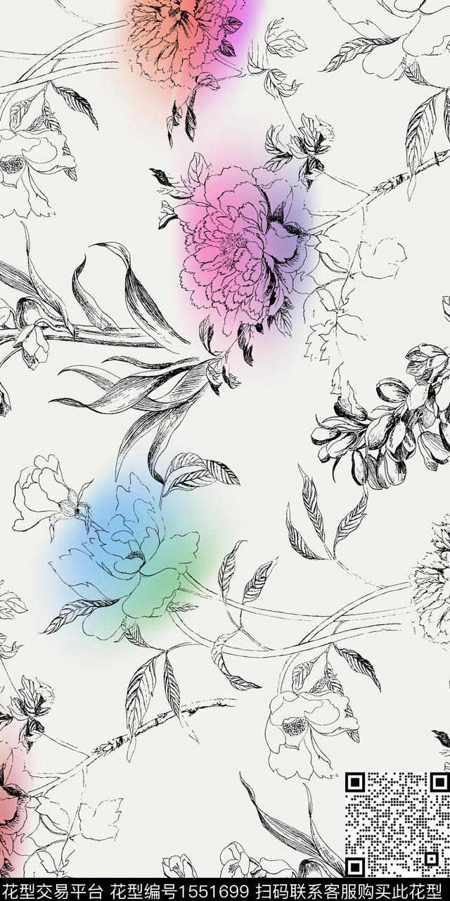 花卉炫彩工笔画数码印花花型下载（图片编号: 1551699） - 瓦栏（Walan）