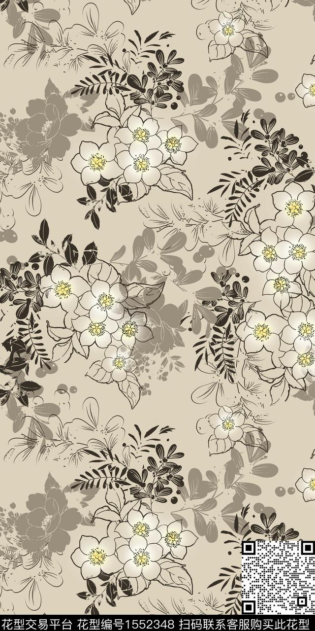 剪影线条花花卉数码印花花型下载（图片编号: 1552348） - 瓦栏（Walan）
