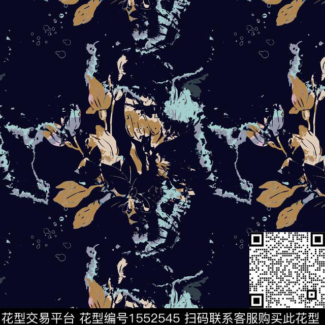 抽象黑底花卉数码印花花型下载（图片编号: 1552545） - 瓦栏（Walan）