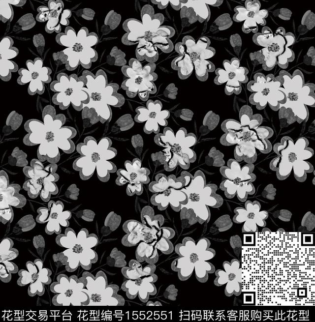 黑底花卉黑白灰小碎花数码印花花型下载（图片编号: 1552551） - 瓦栏（Walan）