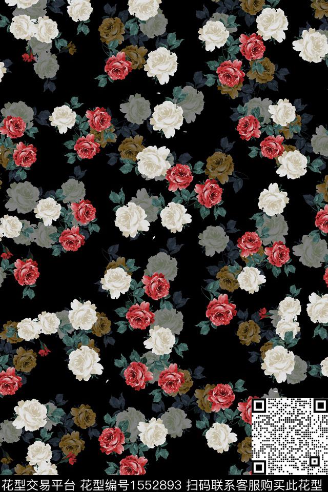 Z14477.jpg - 1552893 - 影花 小碎花 黑底花卉 - 数码印花花型 － 女装花型设计 － 瓦栏