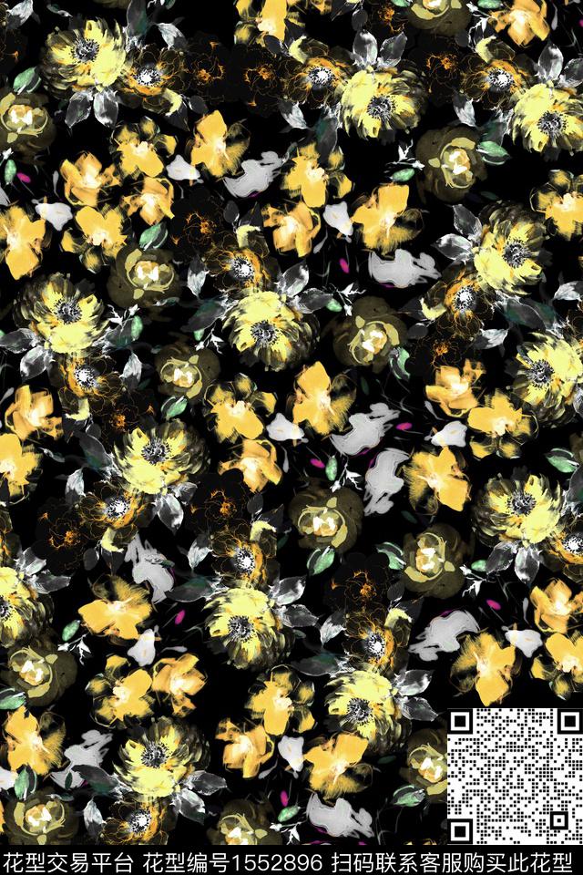 Z14480.jpg - 1552896 - 小碎花 抽象花卉 黑底花卉 - 数码印花花型 － 女装花型设计 － 瓦栏