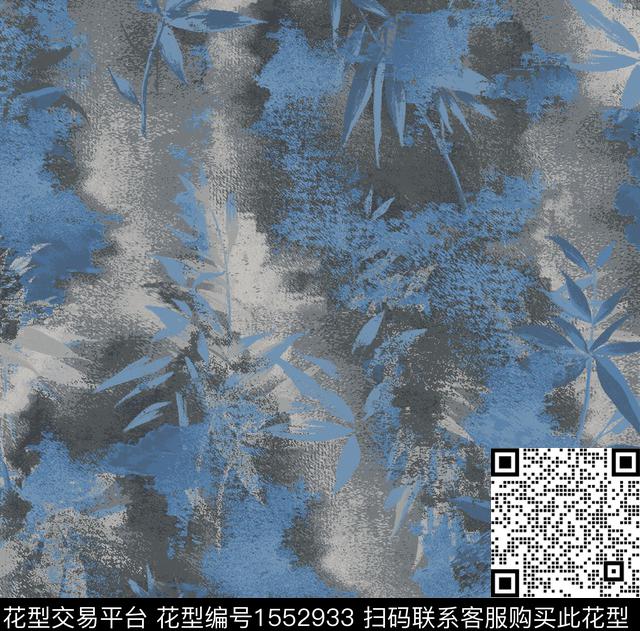 2-抽象.jpg - 1552933 - 蓝色 竹叶 渐变 - 数码印花花型 － 女装花型设计 － 瓦栏