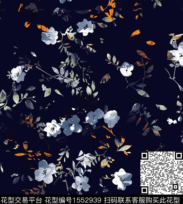 花卉黑底花卉小碎花数码印花花型下载（图片编号: 1552939） - 瓦栏（Walan）
