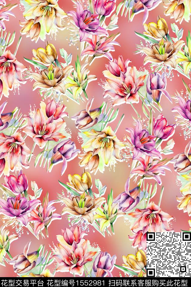 大牌风抽象花卉数码印花花型下载（图片编号: 1552981） - 瓦栏（Walan）