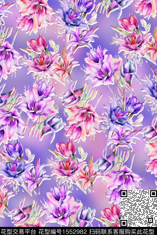 QG202319# -蓝色.jpg - 1552982 - 大牌风 抽象 花卉 - 数码印花花型 － 女装花型设计 － 瓦栏