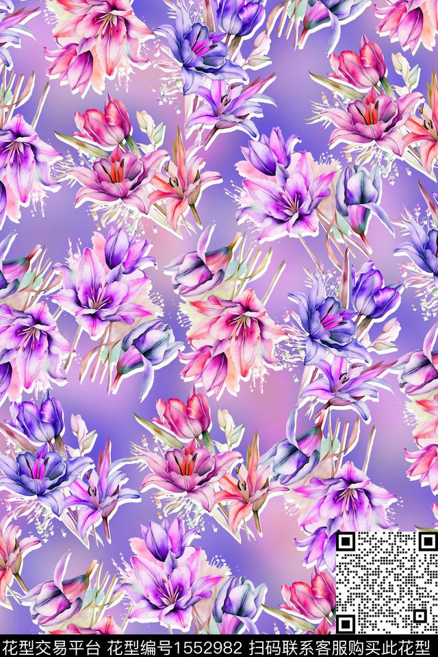 大牌风抽象花卉数码印花花型下载（图片编号: 1552982） - 瓦栏（Walan）