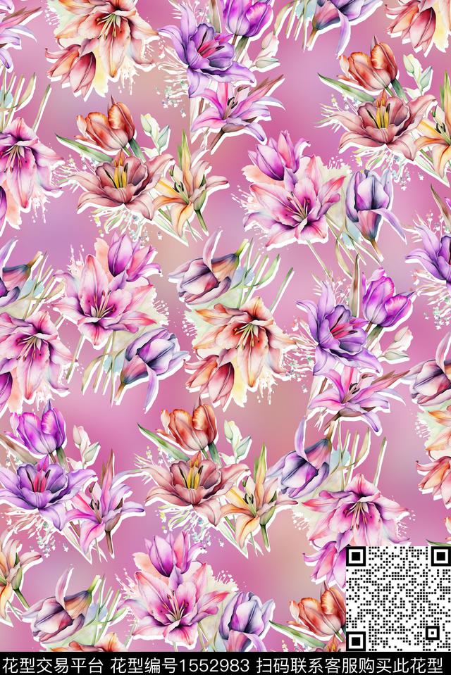 剪影底纹花卉数码印花花型下载（图片编号: 1552983） - 瓦栏（Walan）