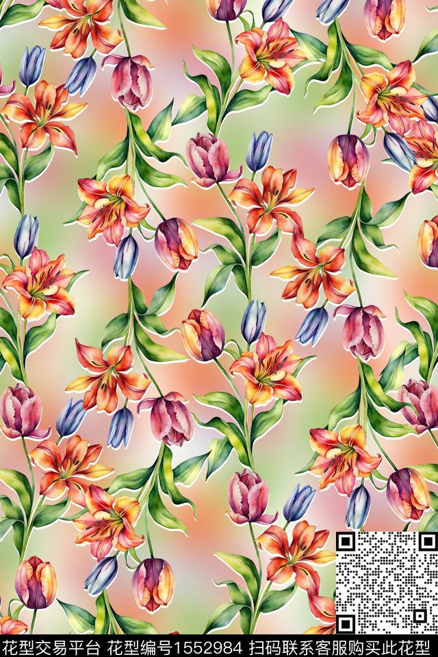 剪影底纹花卉数码印花花型下载（图片编号: 1552984） - 瓦栏（Walan）