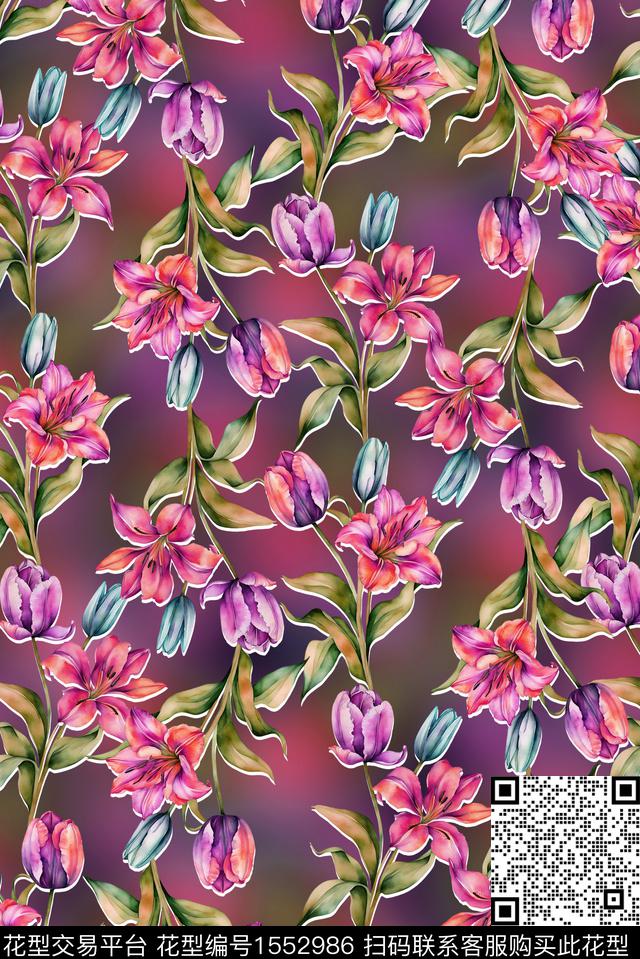 大牌风抽象花卉数码印花花型下载（图片编号: 1552986） - 瓦栏（Walan）