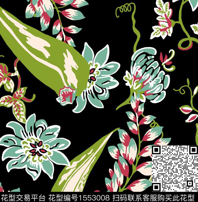 guan1189.jpg - 1553008 - 花卉 手绘 黑底花卉 - 传统印花花型 － 女装花型设计 － 瓦栏