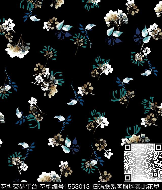 小碎花花卉黑底花卉数码印花花型下载（图片编号: 1553013） - 瓦栏（Walan）