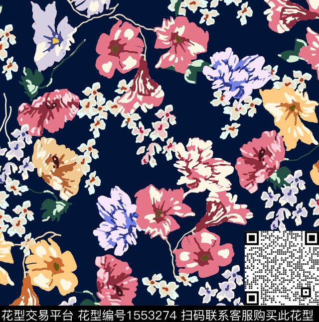 guan1193.jpg - 1553274 - 满版散花 花卉 老蓝底 - 传统印花花型 － 女装花型设计 － 瓦栏