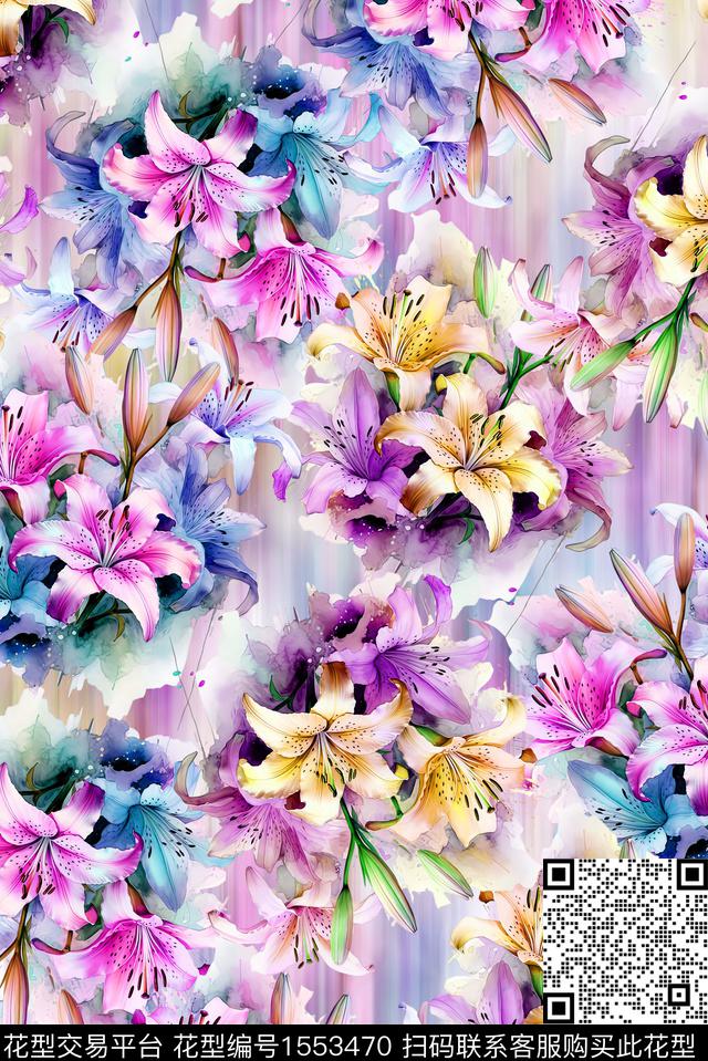 底纹花卉百合数码印花花型下载（图片编号: 1553470） - 瓦栏（Walan）