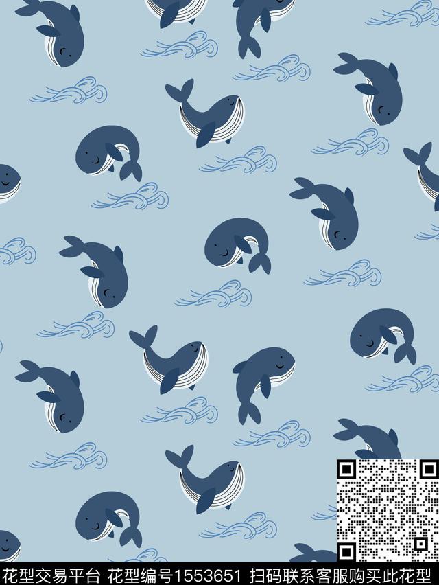 卡通鲸鱼海浪传统印花花型下载（图片编号: 1553651） - 瓦栏（Walan）
