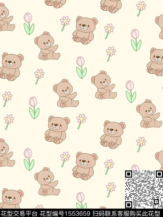 9.5小熊与郁金香.jpg - 1553659 - 卡通 小熊 花卉 - 传统印花花型 － 童装花型设计 － 瓦栏