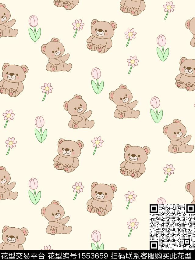 卡通小熊花卉传统印花花型下载（图片编号: 1553659） - 瓦栏（Walan）