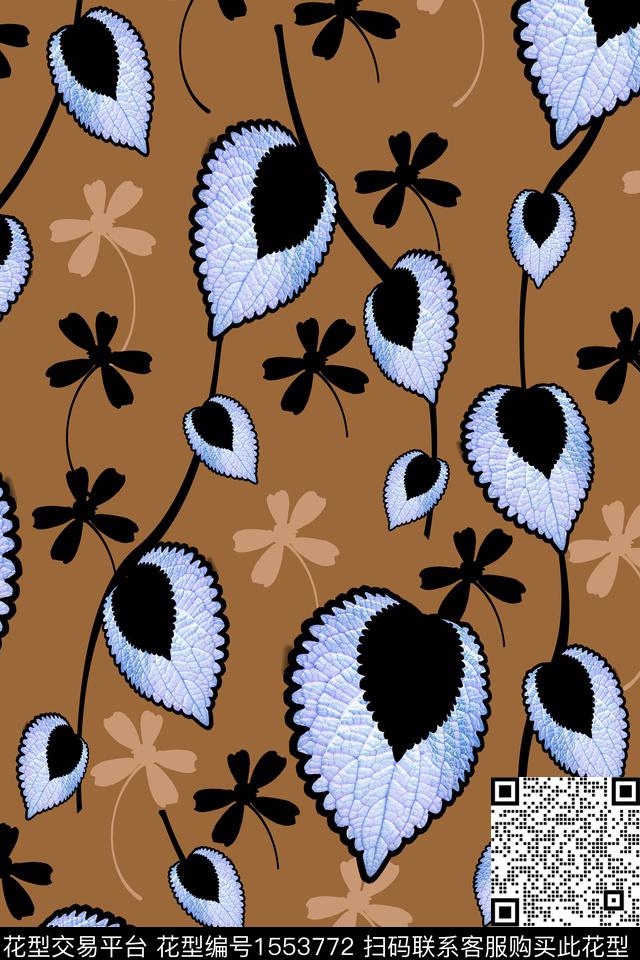 蓝色小翠花.jpg - 1553772 - 剪影 民族风 花卉 - 数码印花花型 － 女装花型设计 － 瓦栏