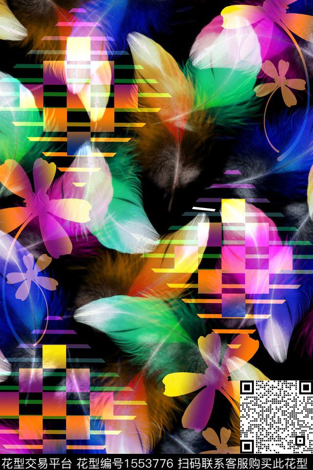 羽毛变换.jpg - 1553776 - 花卉 几何 数码花型 - 数码印花花型 － 女装花型设计 － 瓦栏