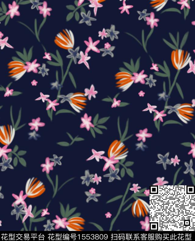 花卉小碎花模糊数码印花花型下载（图片编号: 1553809） - 瓦栏（Walan）
