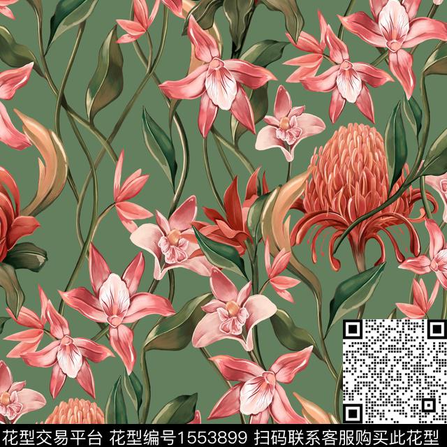 手绘花卉帝王花2024绿色系数码印花花型下载（图片编号: 1553899） - 瓦栏（Walan）