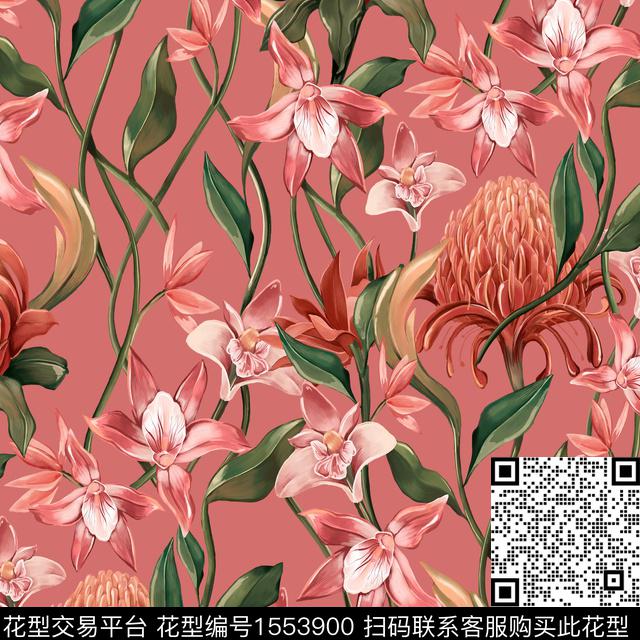 手绘花卉帝王花2024绿色系数码印花花型下载（图片编号: 1553900） - 瓦栏（Walan）