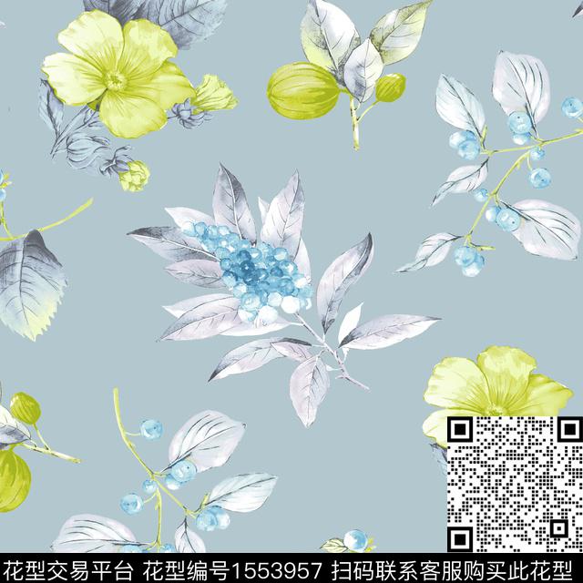 水彩花卉叶子数码印花花型下载（图片编号: 1553957） - 瓦栏（Walan）