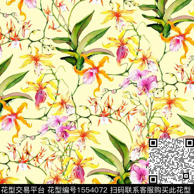 蝴蝶兰复古绿色系数码印花花型下载（图片编号: 1554072） - 瓦栏（Walan）
