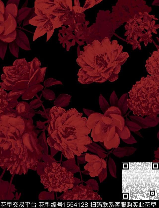 秋冬花型香云纱牡丹数码印花花型下载（图片编号: 1554128） - 瓦栏（Walan）