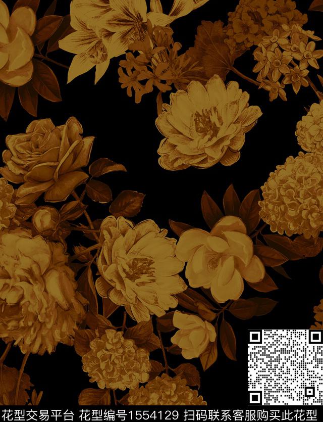 秋冬花型香云纱牡丹数码印花花型下载（图片编号: 1554129） - 瓦栏（Walan）