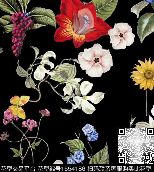 复古花卉黑底花卉数码印花花型下载（图片编号: 1554186） - 瓦栏（Walan）
