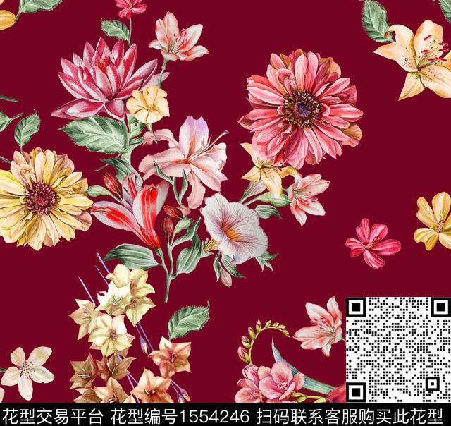 guan1206.jpg - 1554246 - 水彩 花卉 酒红底 - 数码印花花型 － 女装花型设计 － 瓦栏