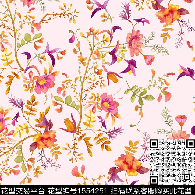 小碎花水彩花卉粉红色系数码印花花型下载（图片编号: 1554251） - 瓦栏（Walan）