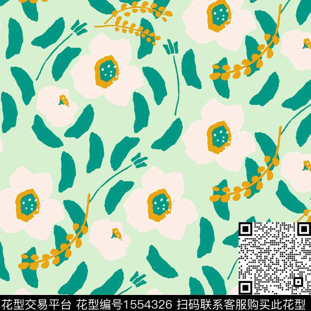 小清新绿色系手绘花卉传统印花花型下载（图片编号: 1554326） - 瓦栏（Walan）