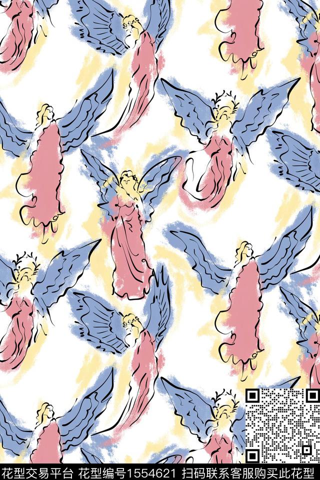 浪漫天使.jpg - 1554621 - 底纹 天使 线条 - 数码印花花型 － 女装花型设计 － 瓦栏