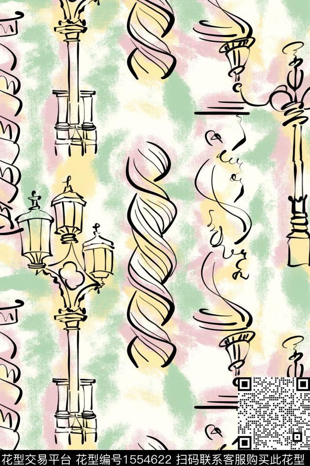 神秘罗马柱.jpg - 1554622 - 建筑 路灯 罗马柱 - 数码印花花型 － 女装花型设计 － 瓦栏