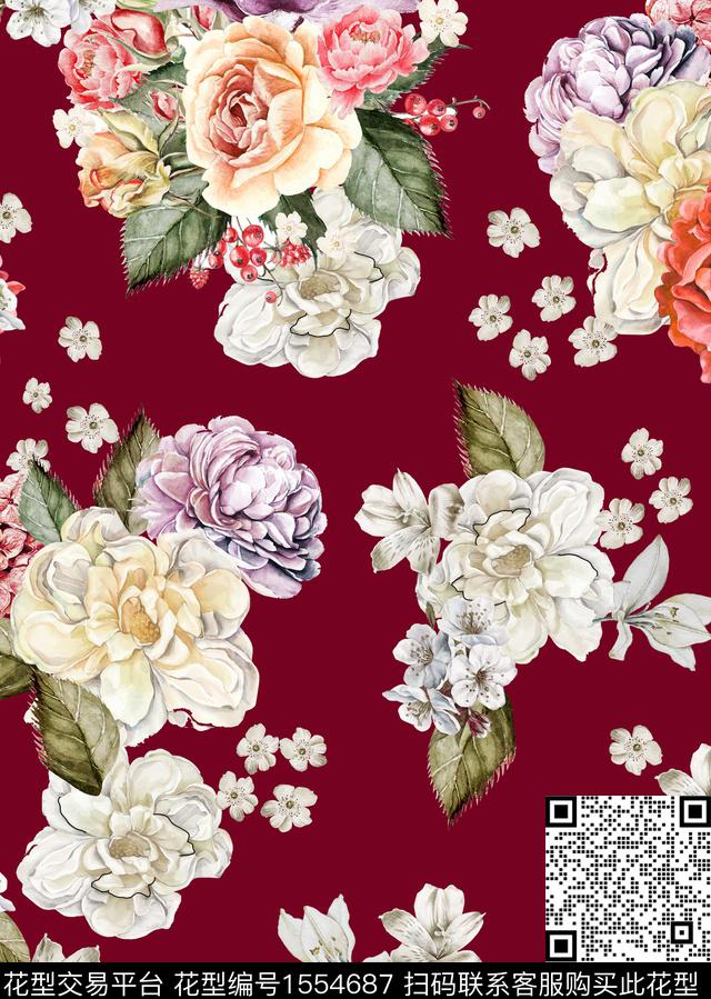 guan1204.jpg - 1554687 - 水彩 花卉 酒红底 - 数码印花花型 － 女装花型设计 － 瓦栏