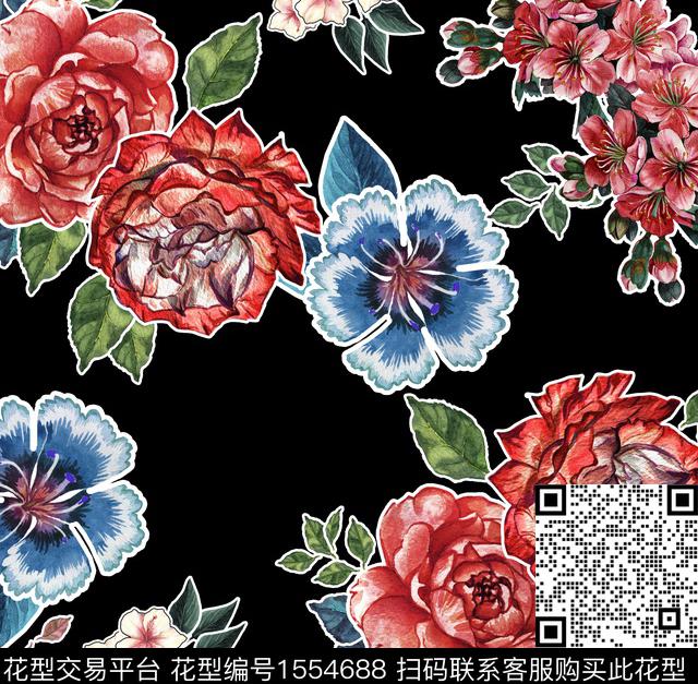 guan1209.jpg - 1554688 - 水彩 黑底花卉 花卉 - 数码印花花型 － 女装花型设计 － 瓦栏