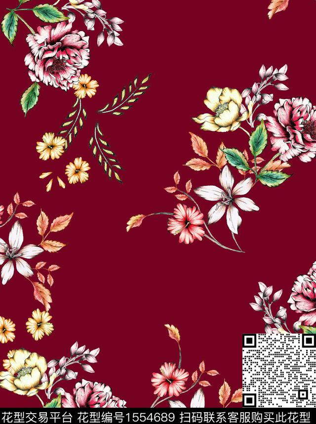 guan1210.jpg - 1554689 - 水彩 花卉 酒红底 - 数码印花花型 － 女装花型设计 － 瓦栏