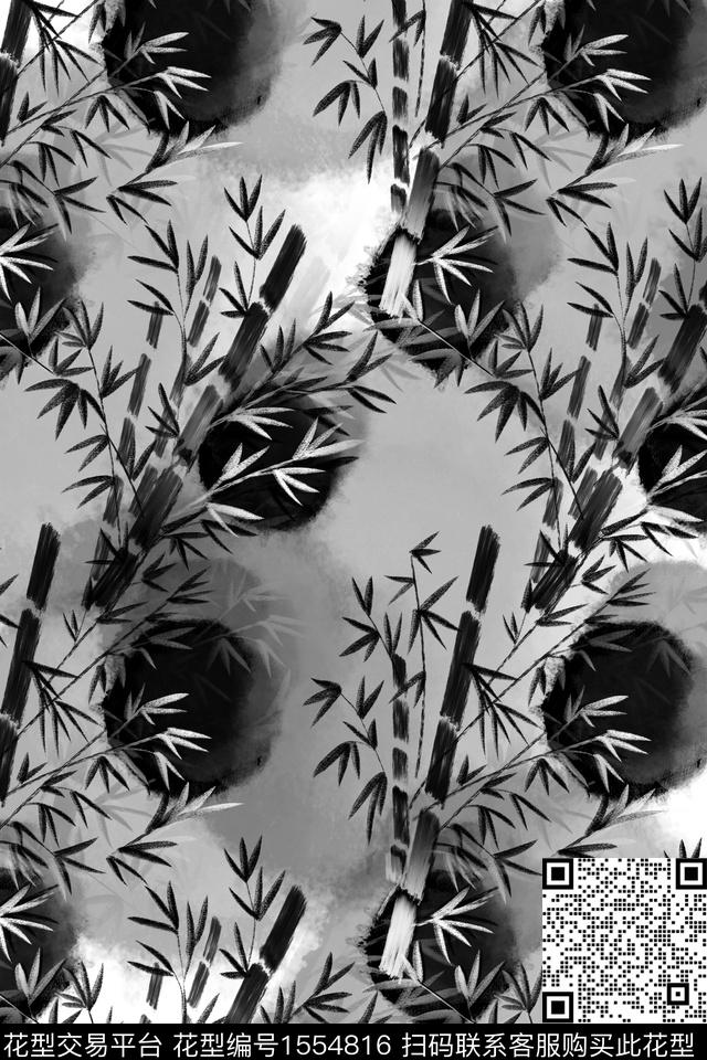新中式01.jpg - 1554816 - 笔触 绿植树叶 水墨 - 数码印花花型 － 女装花型设计 － 瓦栏
