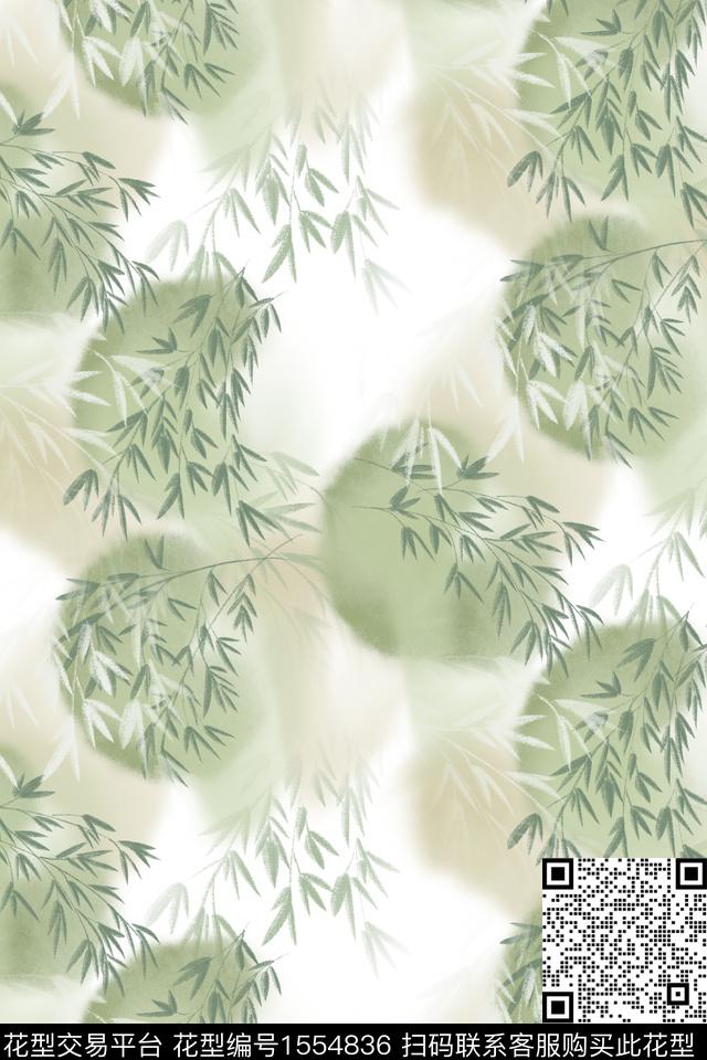 新中式02.jpg - 1554836 - 笔触 抽象 绿植树叶 - 数码印花花型 － 女装花型设计 － 瓦栏