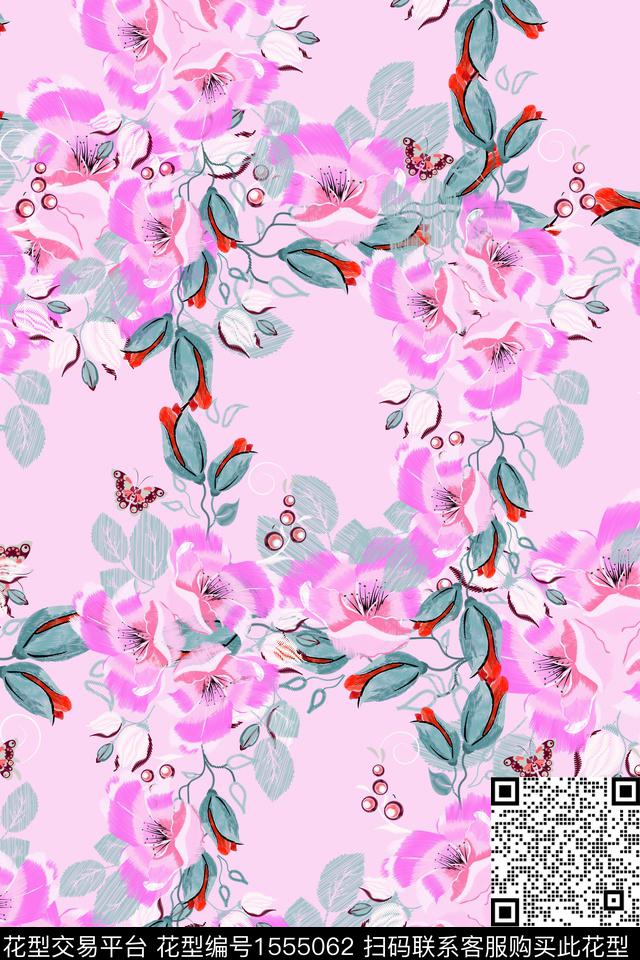 花卉仿绣花蝴蝶数码印花花型下载（图片编号: 1555062） - 瓦栏（Walan）