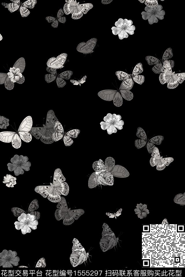 XZ5210.jpg - 1555297 - 蝴蝶 黑白花型 花卉 - 数码印花花型 － 女装花型设计 － 瓦栏