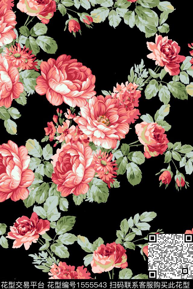 XZ5220.jpg - 1555543 - 传统花型 黑底花卉 花卉 - 传统印花花型 － 女装花型设计 － 瓦栏