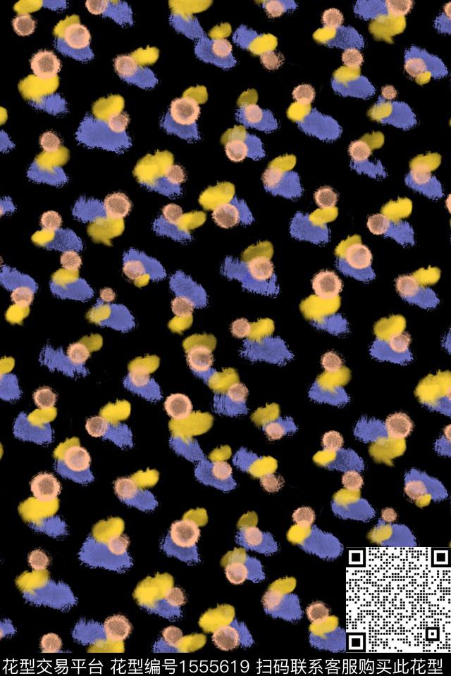 黑底花卉水彩波点数码印花花型下载（图片编号: 1555619） - 瓦栏（Walan）
