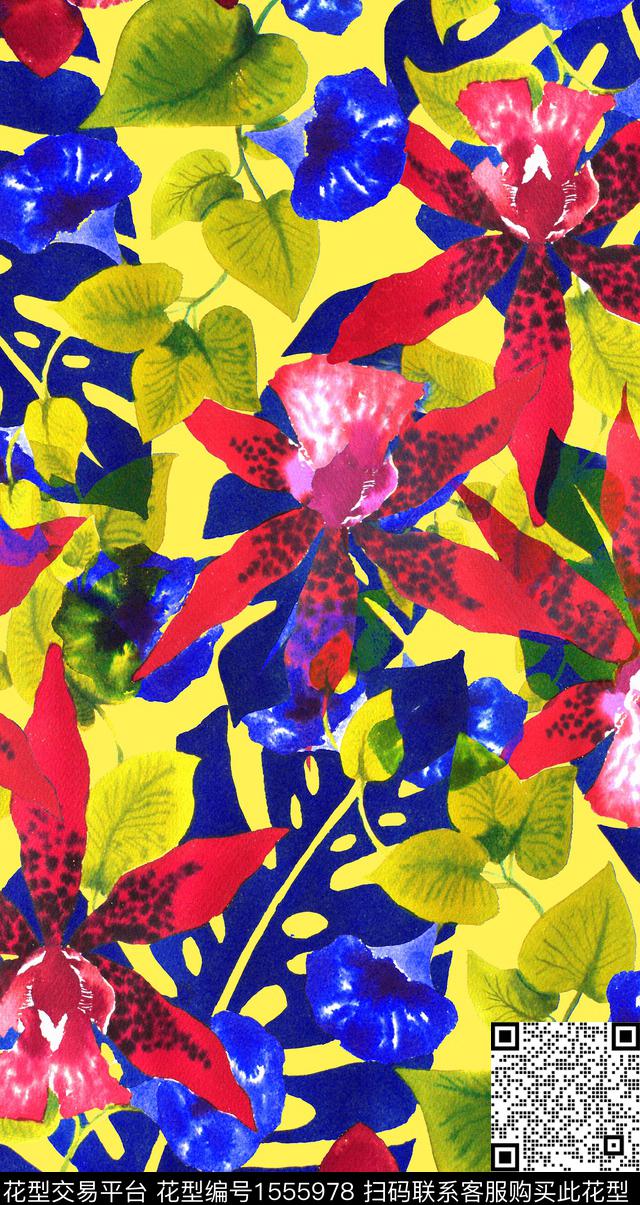 ZZ382 pattern yel.jpg - 1555978 - 花卉 水彩 热带 - 数码印花花型 － 泳装花型设计 － 瓦栏